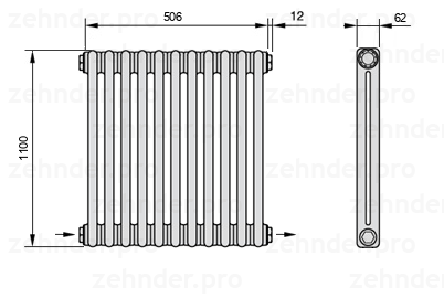 Схема (чертеж) Радиатор Zehnder Charleston 2110/11 №2670 Белый глянцевый RAL 9016